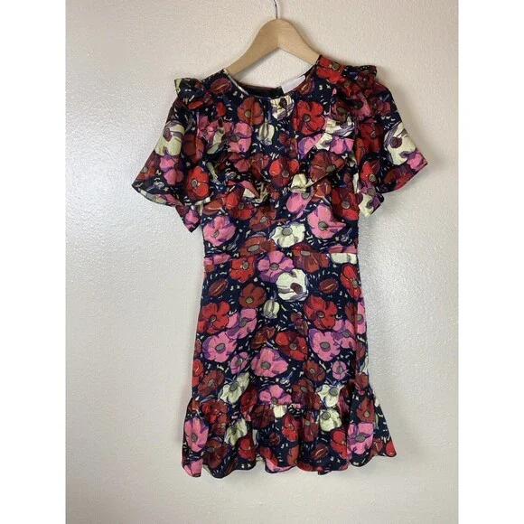 cinq a sept | Dresses | Cinq A Sept Fit Flare Crystal Dress Floral Ruffle  Neck Mini 00 Silk Garden | Poshmark